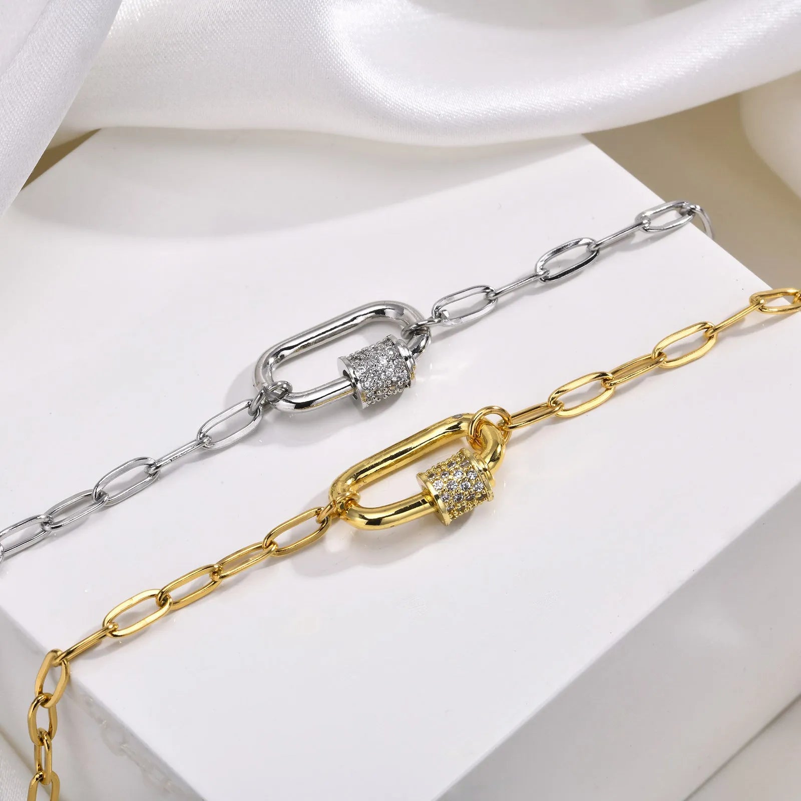 Small square chain stainless steel pendant necklace with oval zircon stone in gold colour finish