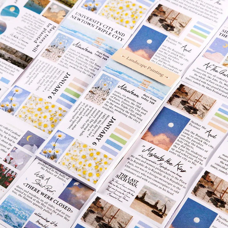 Paper landscape painting sticker book showing rectangular 60x120mm stickers with famous artwork designs