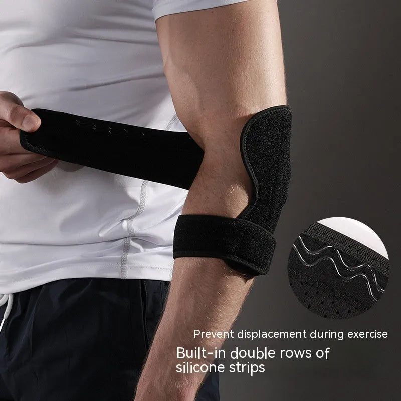 Black adjustable sports elbow guard for badminton, basketball, tennis, and fitness training.