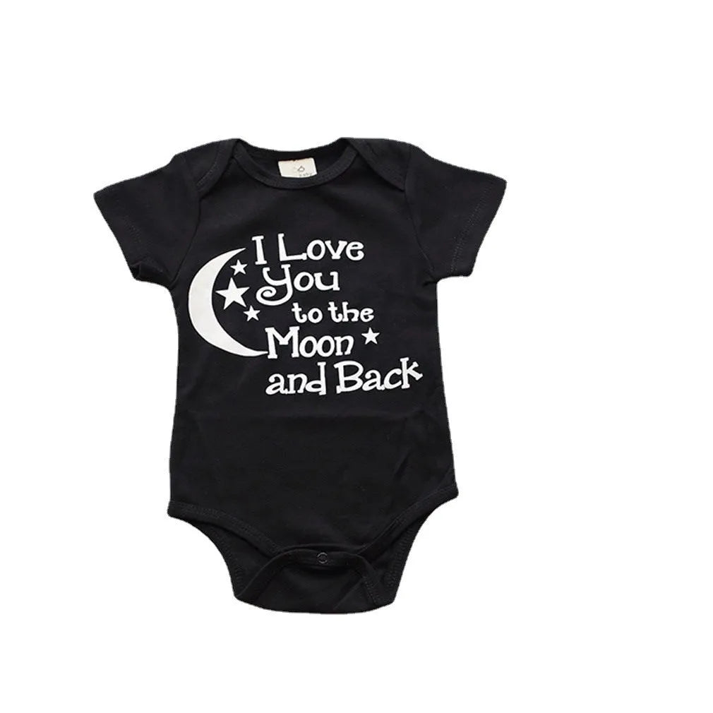 Black polyester baby romper with moon and star letter print, short sleeves, triangle climbing style, front view