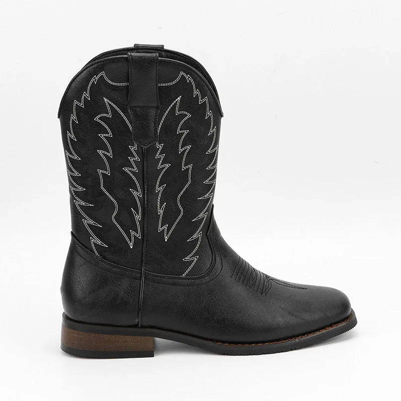 Men's black square toe motorcycle boots with embroidery details and wedge heel