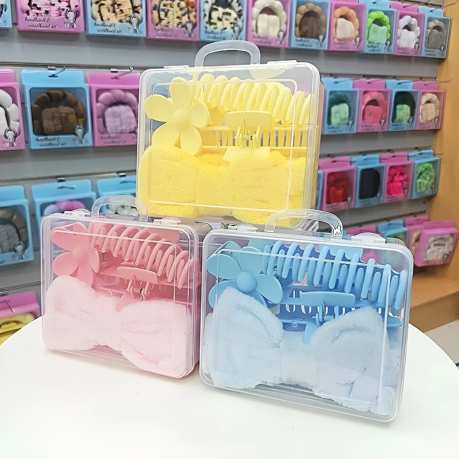 Bow-shaped washing face hair band with plaid pattern and wrist strap, assorted colours set of 16