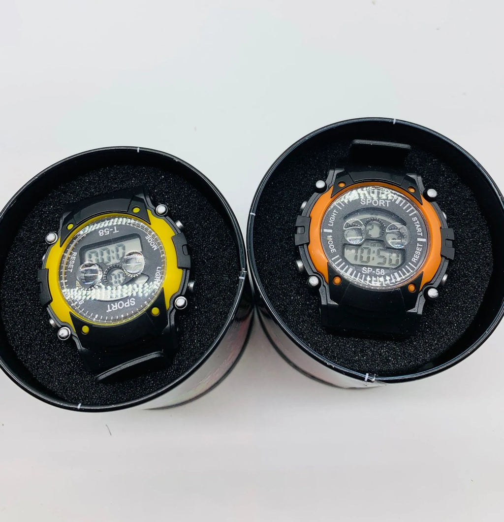 Digital sports watch for children with silicone strap, plastic case and multiple functions including alarm and lighting