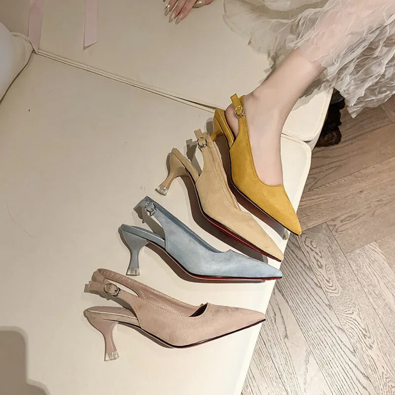 Suede pointed toe stiletto high heels in pink, blue, yellow, and apricot colours