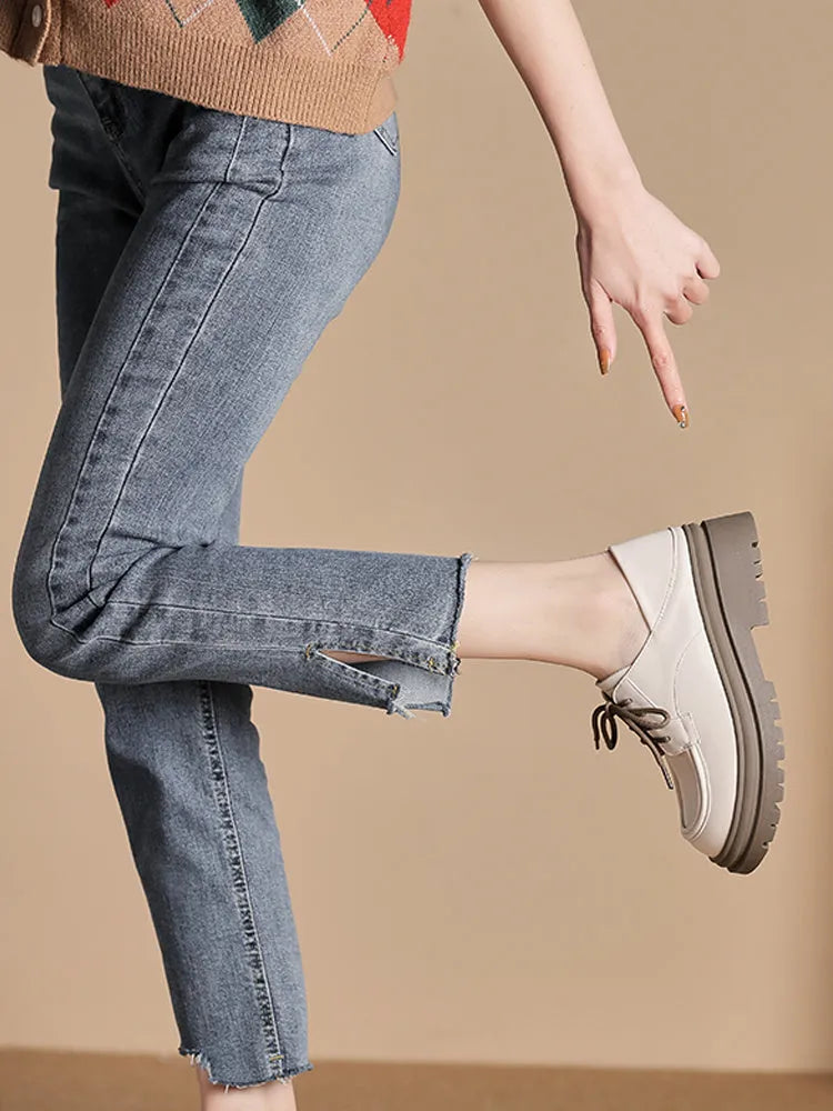 Women's apricot lace-up oxford shoe with 5cm thick heel and superfine fibre upper
