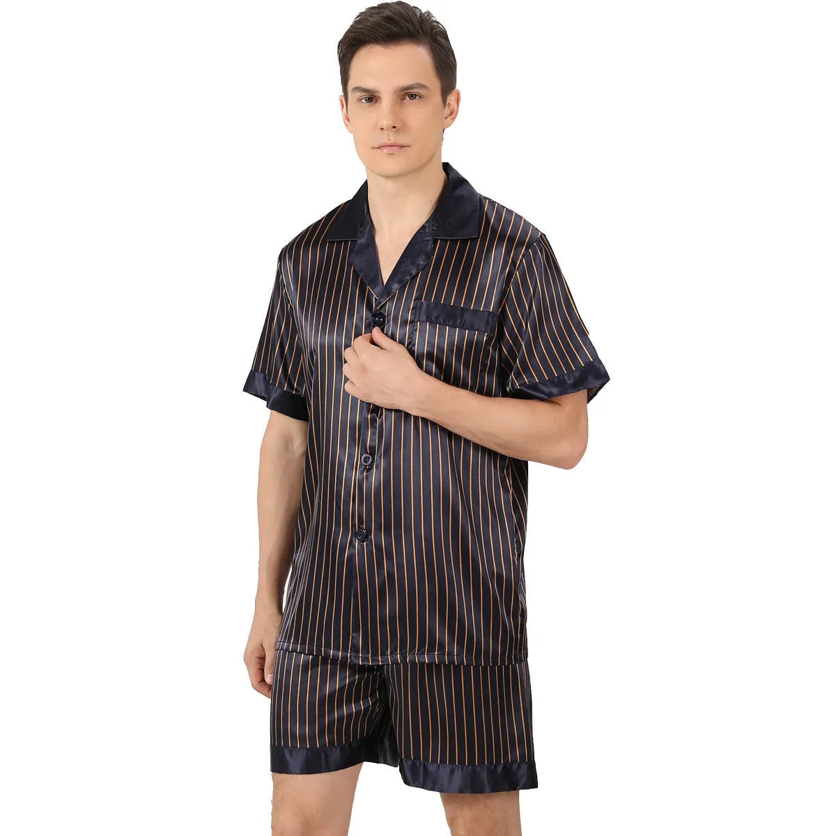 Men's summer printed short-sleeved shorts pyjama set in polyester, dark blue colour, front view