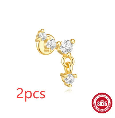 S925 sterling silver geometric moon and star earrings with diamond accents in gold-plated finish