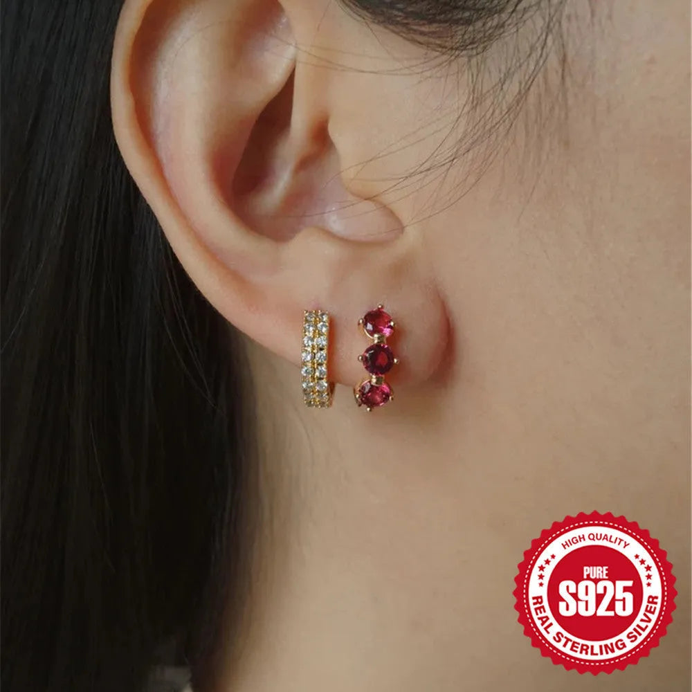 Geometric sunflower earrings in S925 sterling silver with golden three-diamond zircon stones