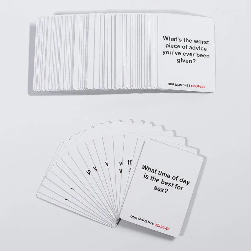 Black presentation box containing Our Time Lovers Edition communication cards for couples