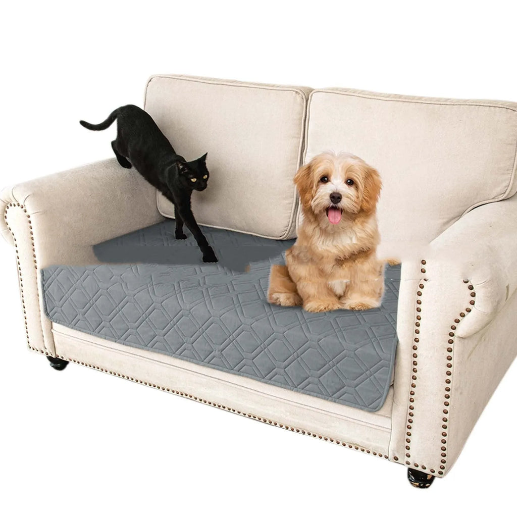 Double-sided waterproof dog sofa cushion in dark grey light grey or khaki beige, shown in various sizes on furniture.