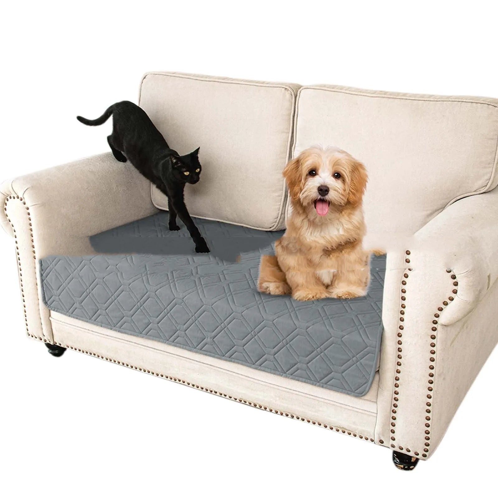 Double-sided waterproof dog sofa cushion in dark grey light grey or khaki beige, shown in various sizes on furniture.