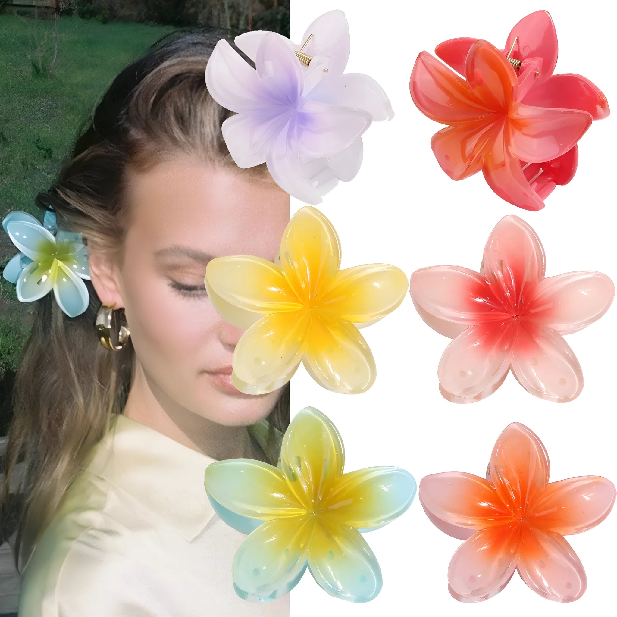 Muweordy plumeria hair clip in six colours plastic and resin floral claw clip for women