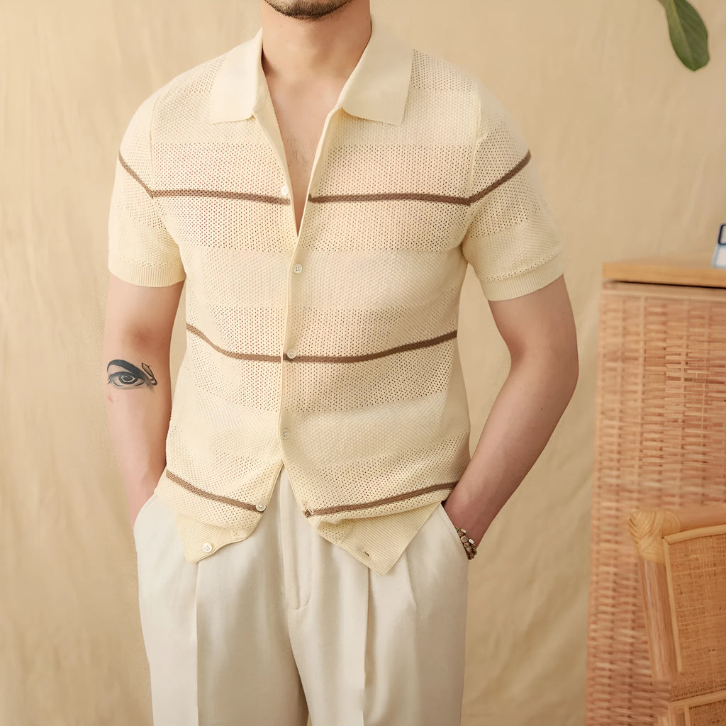 Camel coloured short sleeve knitted cardigan with lapel collar laid flat
