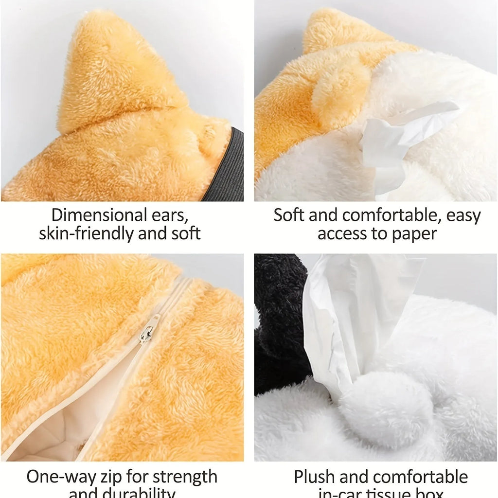 Yellow soft plush corgi butt shaped tissue box cover with elastic strap for car or home.