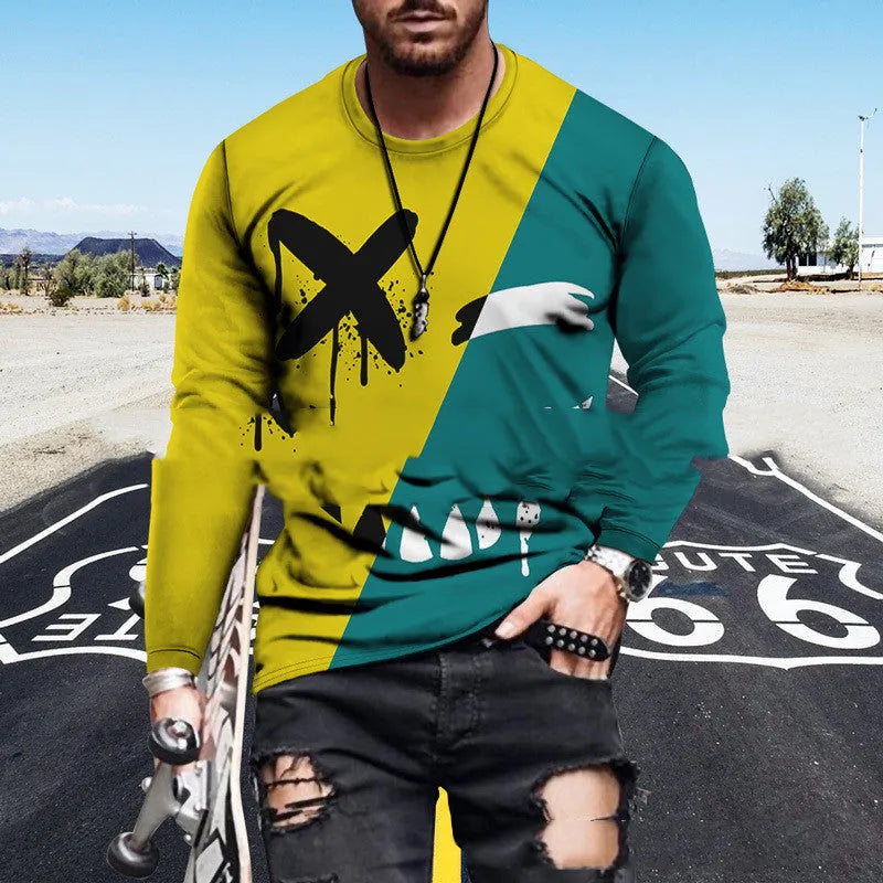 Colour block printed men's top with round neck in polyester blend fabric, digital print pattern