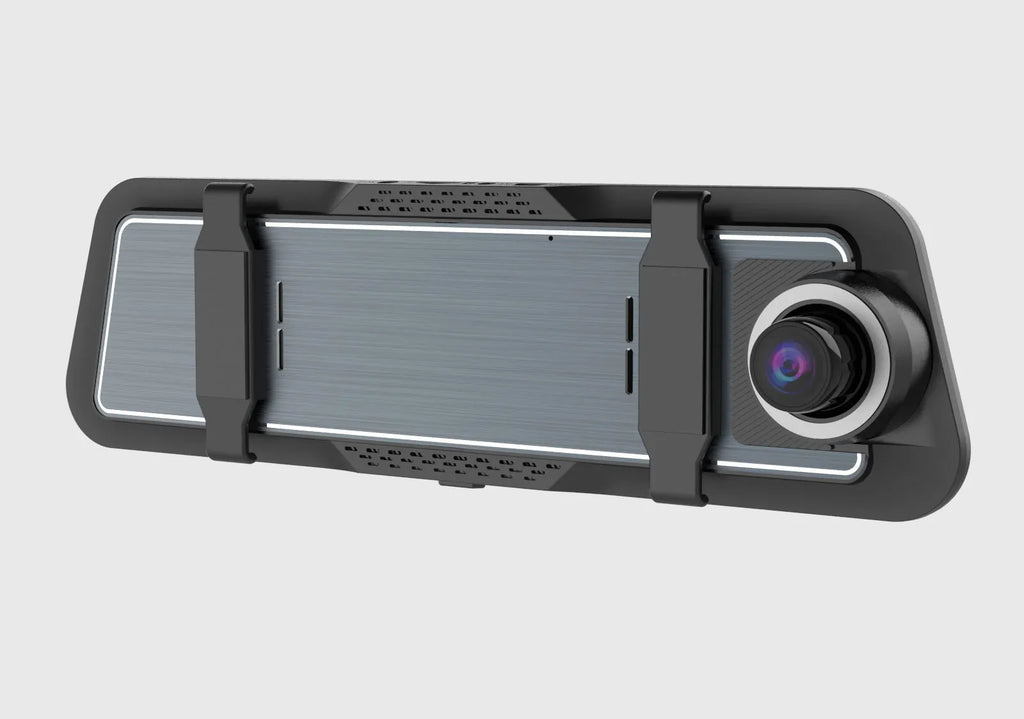 Black dual-lens driving recorder with 9.66-inch touch screen mounted on car windscreen.