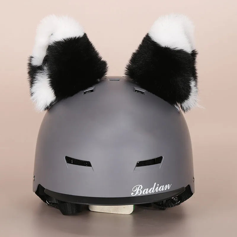 A plush fabric cartoon helmet cover set for adults, showing character designs like a bear and dinosaur for cosplay.