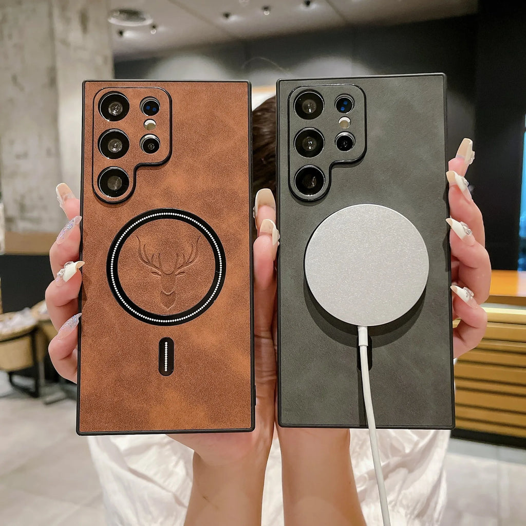 S23 magnetic wireless charger phone case with embossed deer head leather pattern, PC TPU back cover for Samsung
