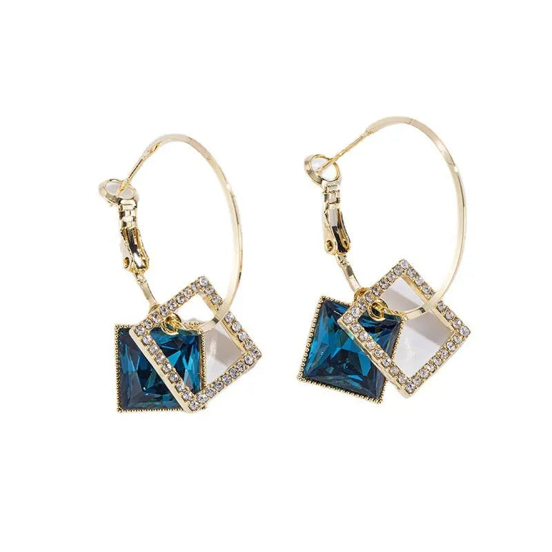 Square inlaid zircon earrings for women, copper plated gold with 925 silver needle, geometric quadrilateral shape, fashion OL style