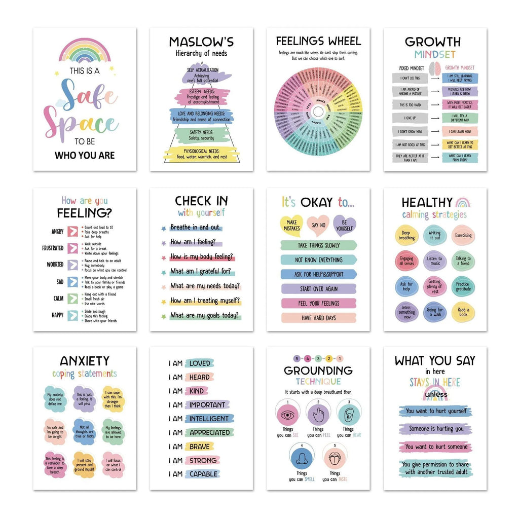 Set of 12 mental health posters on coated paper with bright film finish, 255x355mm, including glue dots