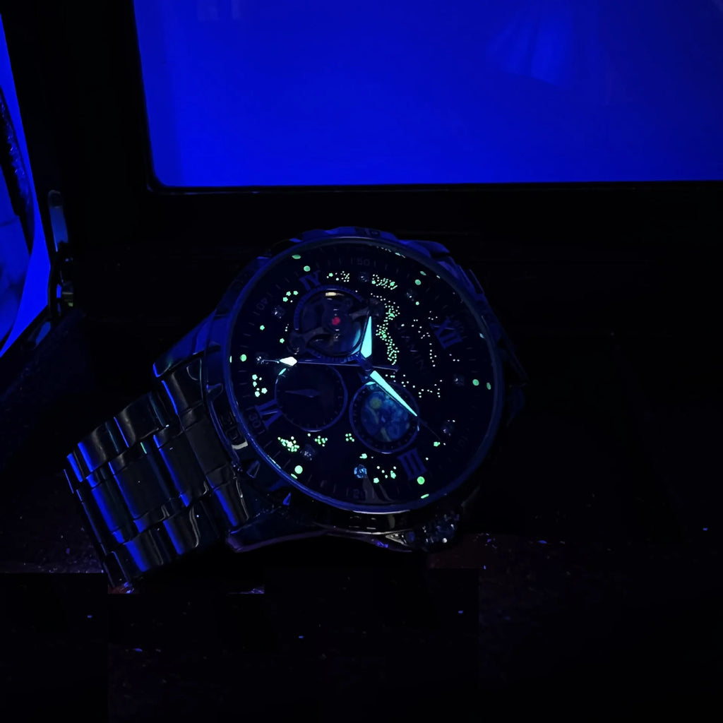 Men's automatic mechanical watch with rose gold shell, black dial, and large 50mm display