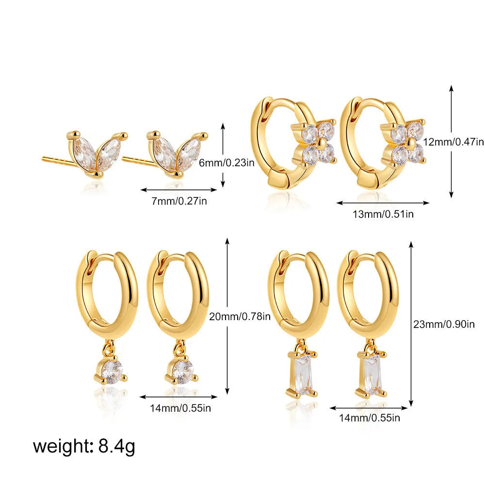 Copper electroplated geometric earrings set showing star, ellipse, ring and quadrilateral designs in gold or silver finish
