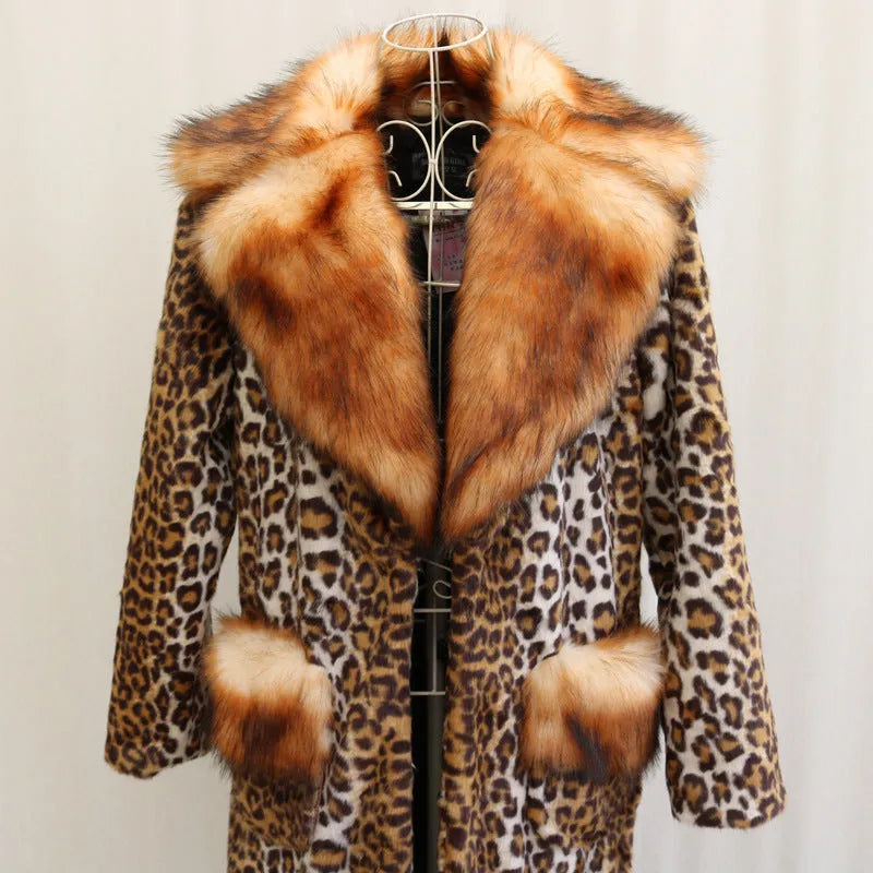 Women's leopard print artificial fur jacket with regular sleeves showing 80cm length