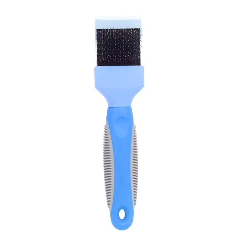 Blue double-sided pet brush with stainless steel pins and ergonomic handle on a white background