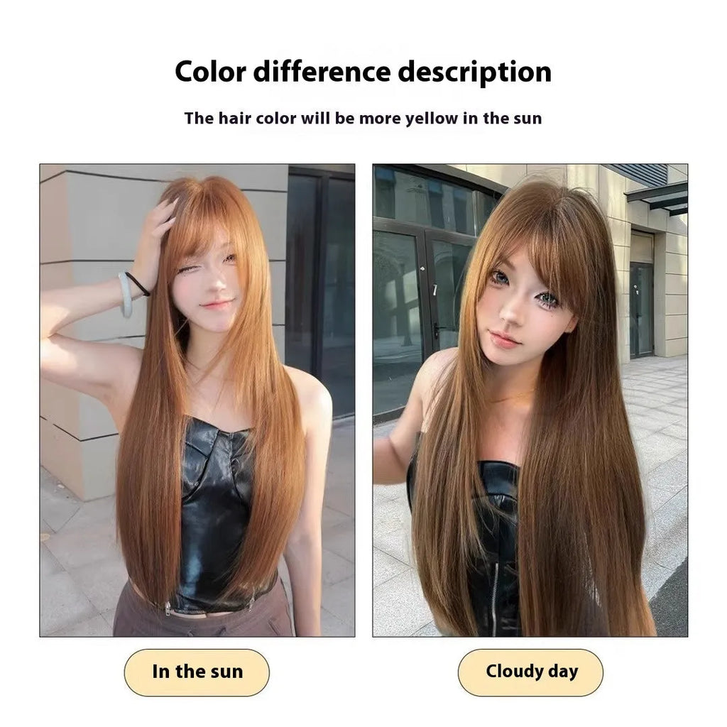 Warm brown long straight synthetic wig with a full fringe, shown on a model.