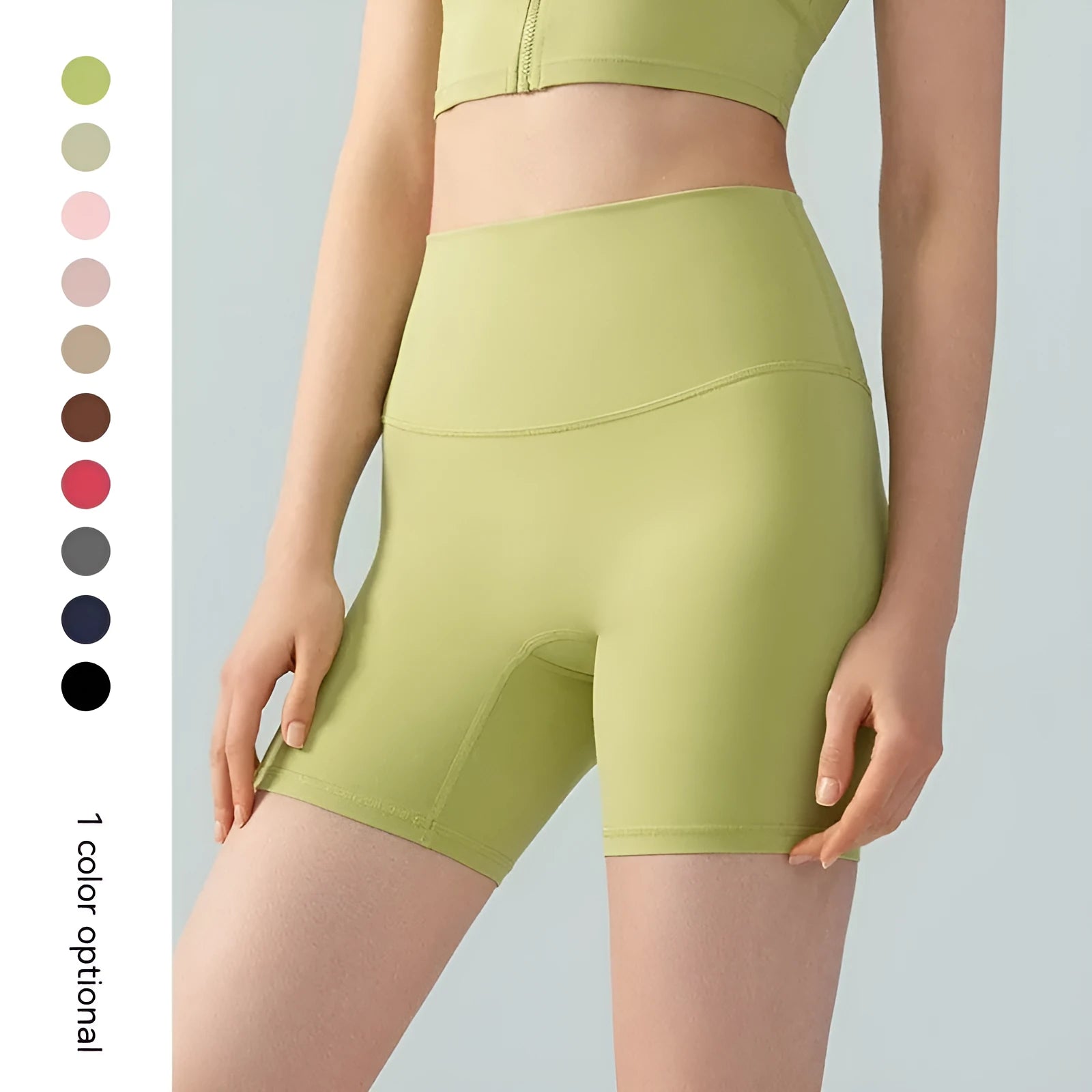 Women's lycra yoga tight shorts in leaf green colour showing high waist and short length design