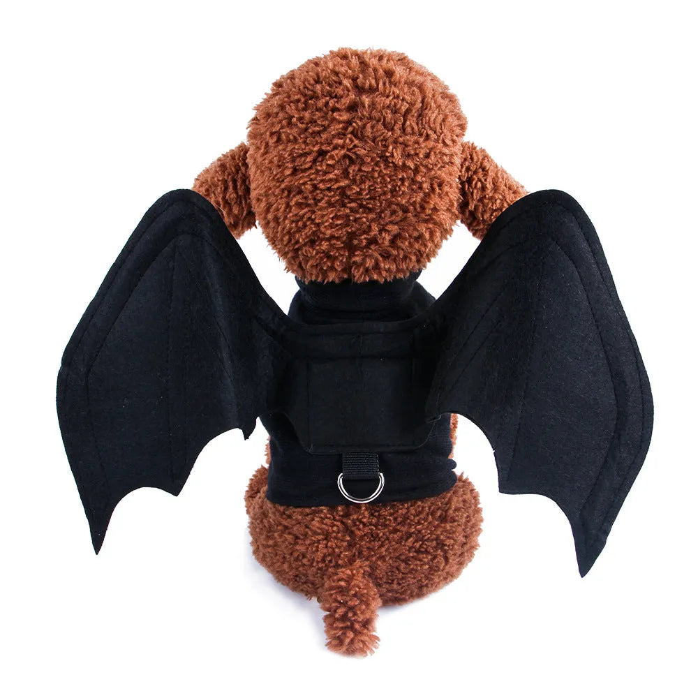 Black cloth pet bat costume with 3D wings on a dog or cat, available in sizes S M L