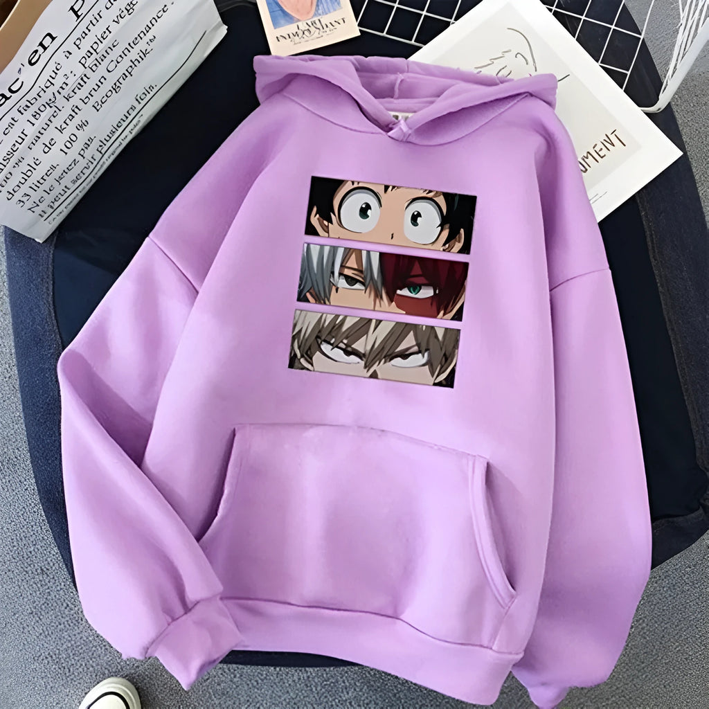 Unisex loose hoodie sweater with three eyes print in black, long sleeves, polyester fabric, front view