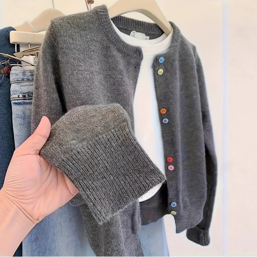 Women's dark grey solid colour polyester cardigan with button front and long sleeves.