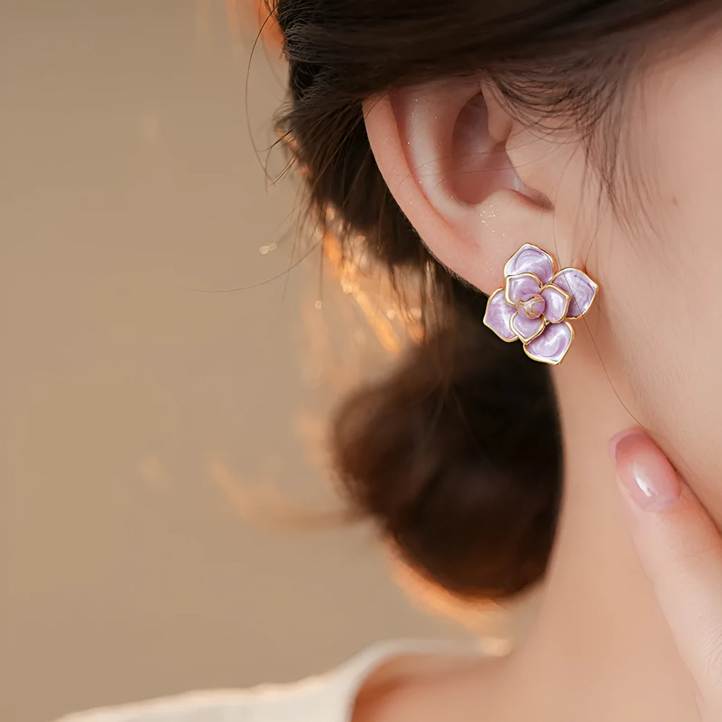 Gold plated purple flower stud earrings with oil-spot glaze finish and fresh style