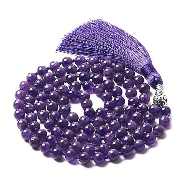 Agate tassel necklace with geometric pattern featuring multiple colourful stones including amethyst and lapis lazuli