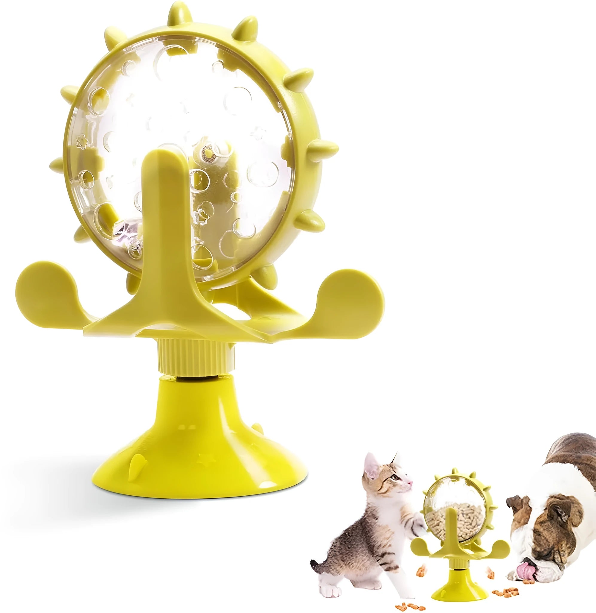 Interactive cat dog puzzle feeder toy with rotating spinner in blue green red yellow colours