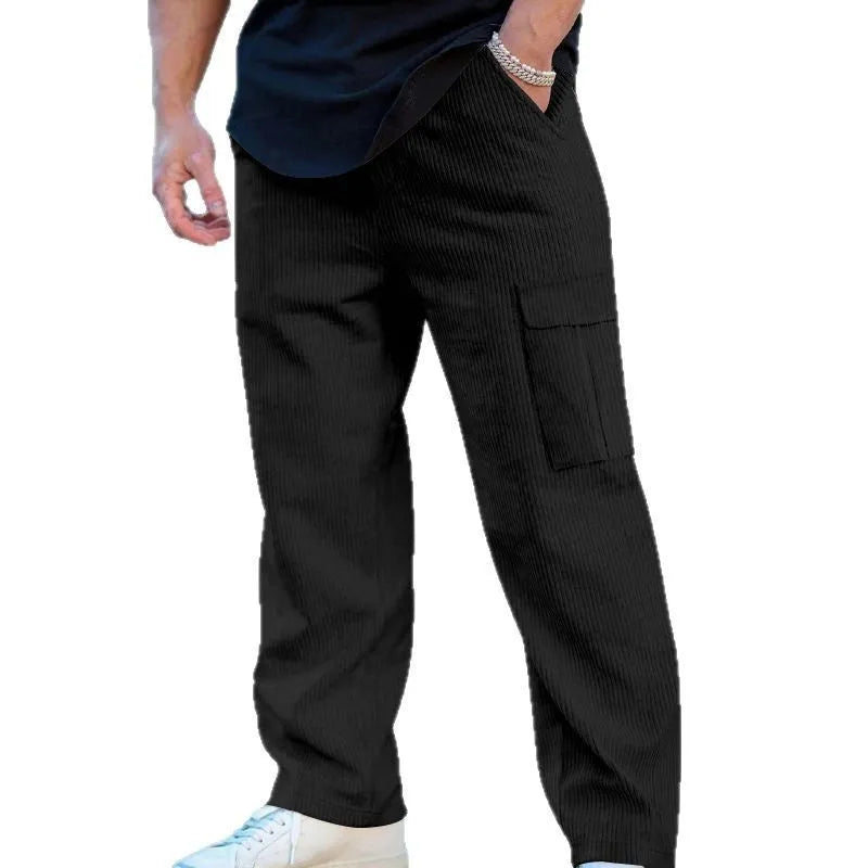 Men's corduroy cargo trousers in straight wide-leg design with drawstring waist