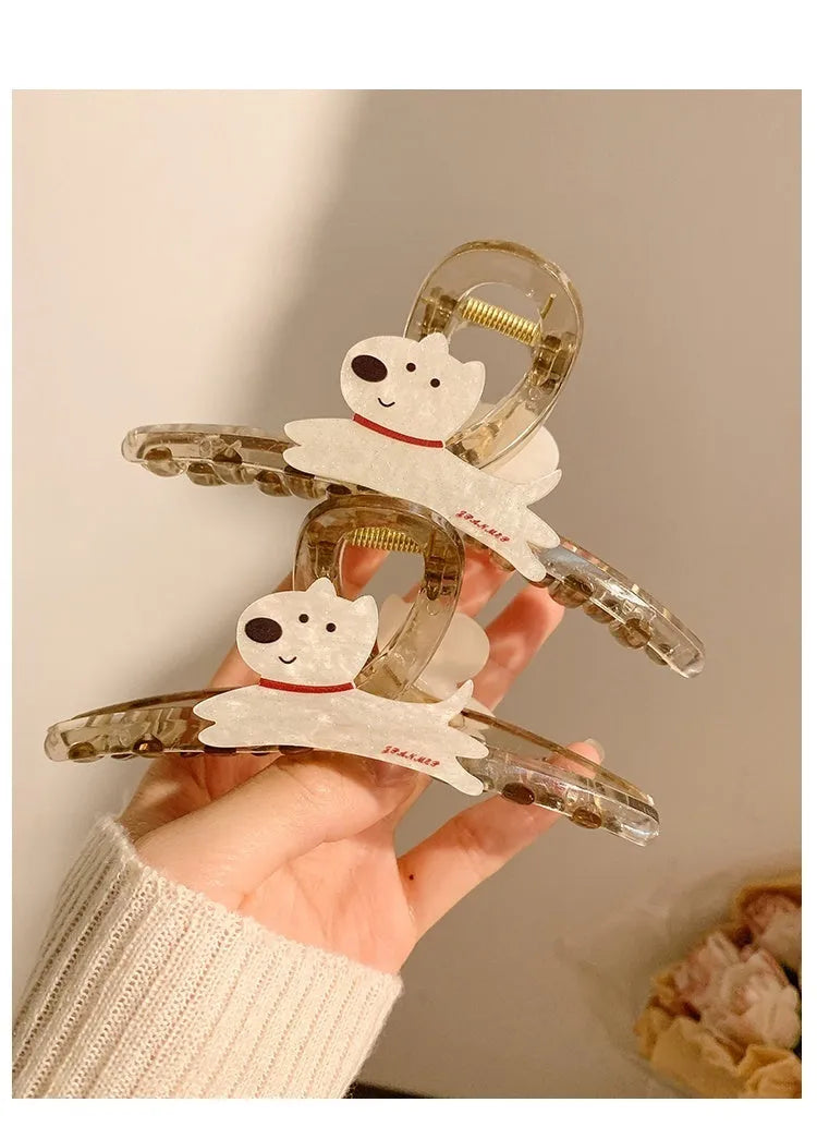 Cartoon puppy design barrettes hair grips in beige and brown colours showing 8cm and 13cm sizes