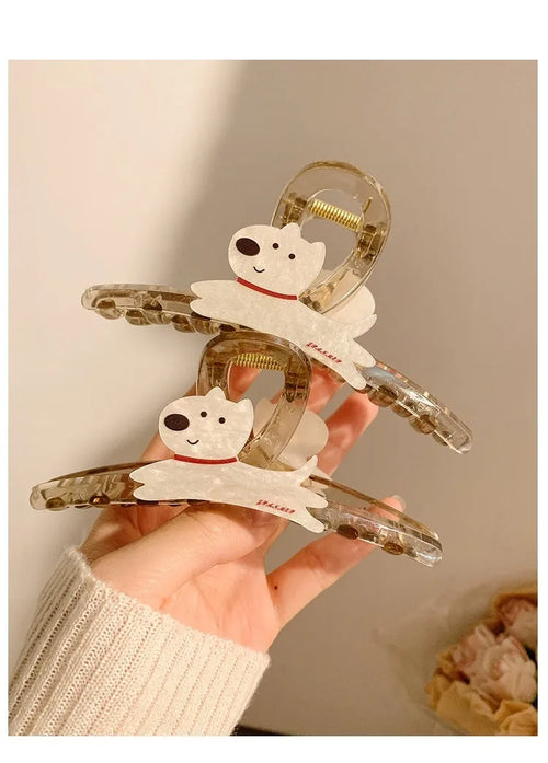 Cartoon puppy design barrettes hair grips in beige and brown colours showing 8cm and 13cm sizes