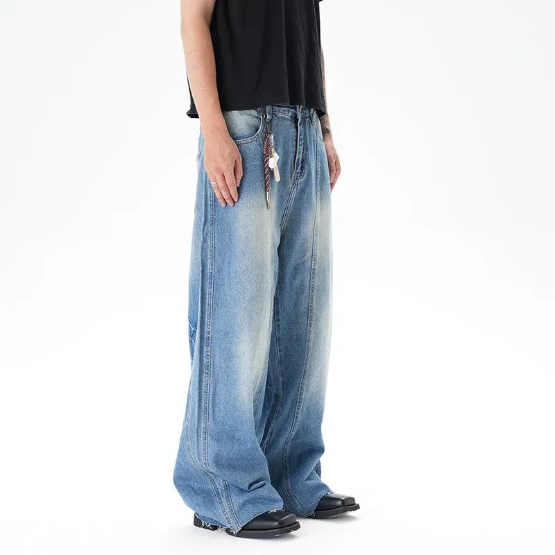 Light blue vintage washed wide leg machete jeans with zip fly closure on size chart
