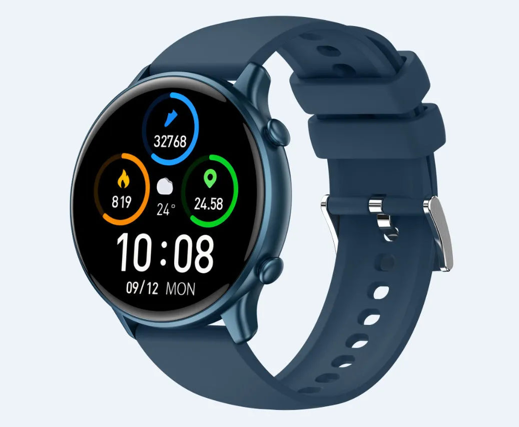 Round touch screen smart sports watch with silicone strap showing heart rate monitoring display