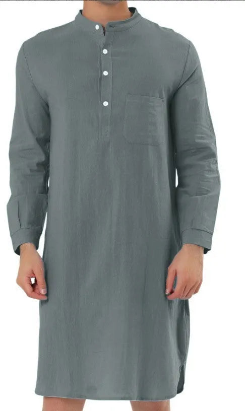 Men's button-front cotton robe in light blue with large patch pockets, shown in size medium.