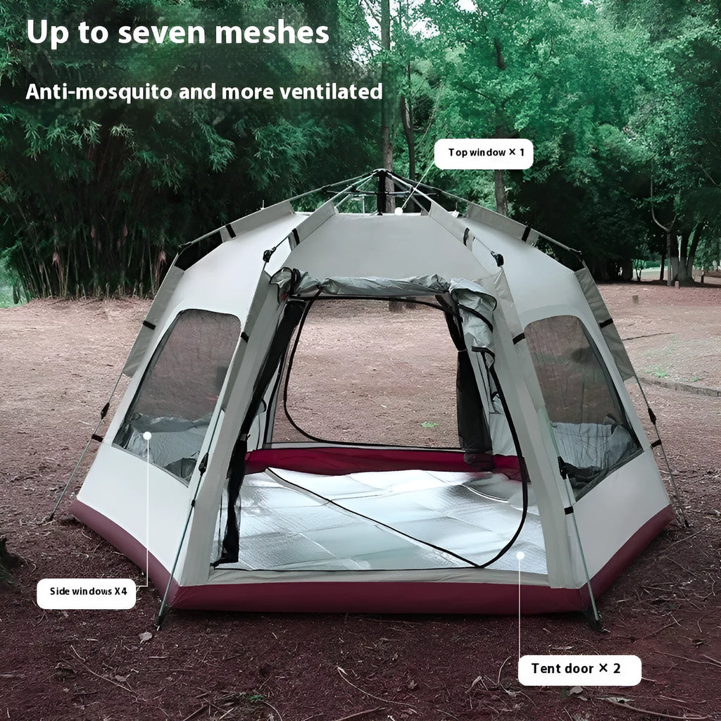 Large beige hexagonal camping tent 280x240x155cm with automatic setup in outdoor setting