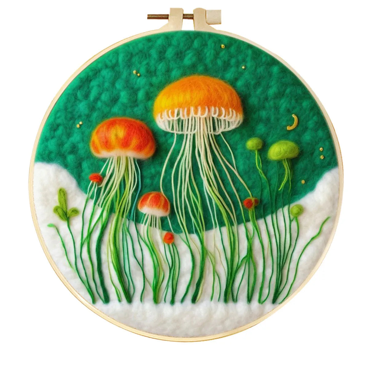 Round 20x20 cm linen embroidery kit with wool felt pieces for floral design and included embroidery frame.