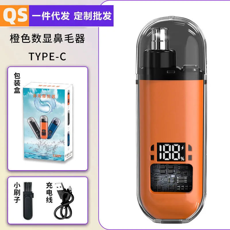 Rechargeable nose hair trimmer with digital display in black, blue, or orange colours