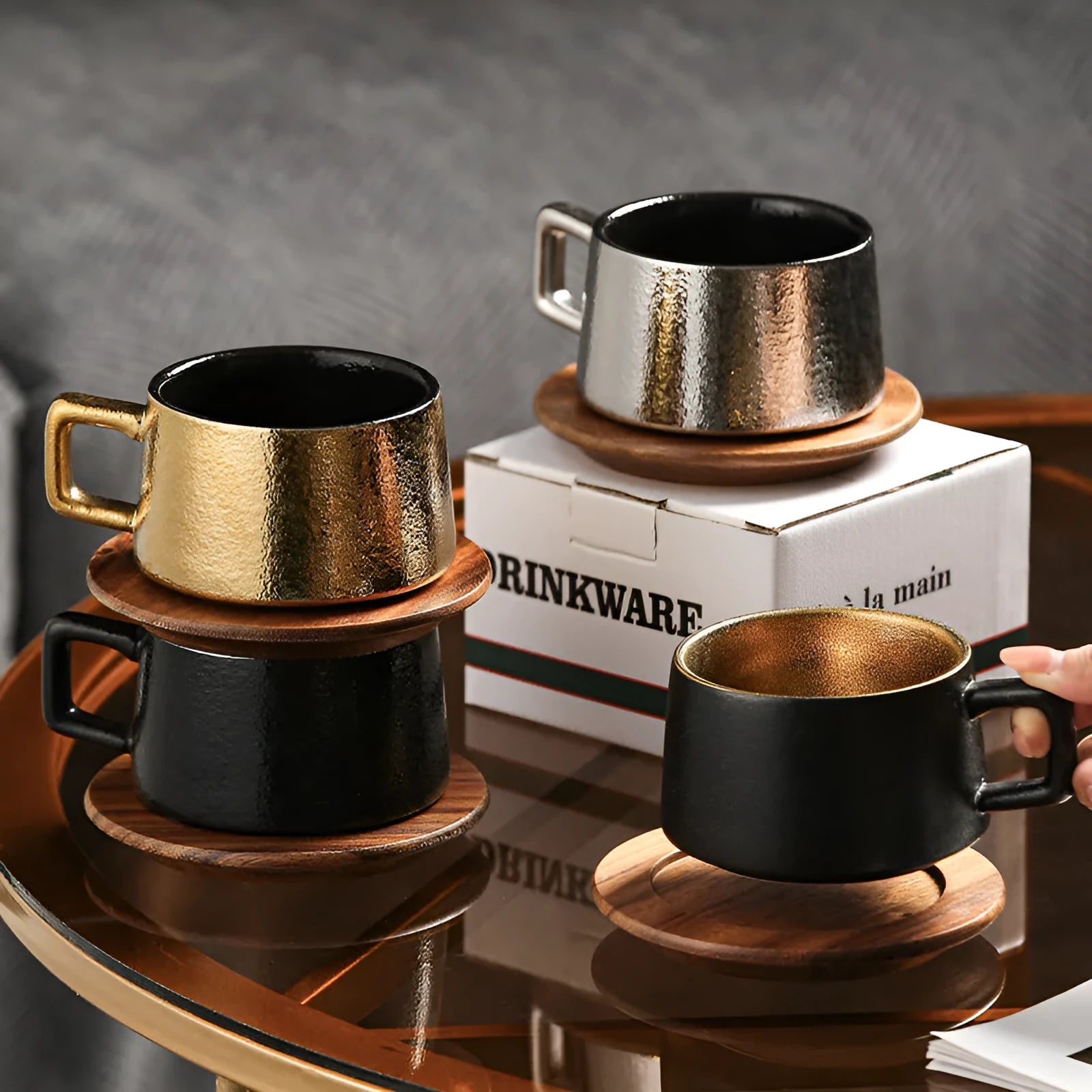 Office gift tumbler coffee cup suit with gold plated packaging and 250ml capacity cup