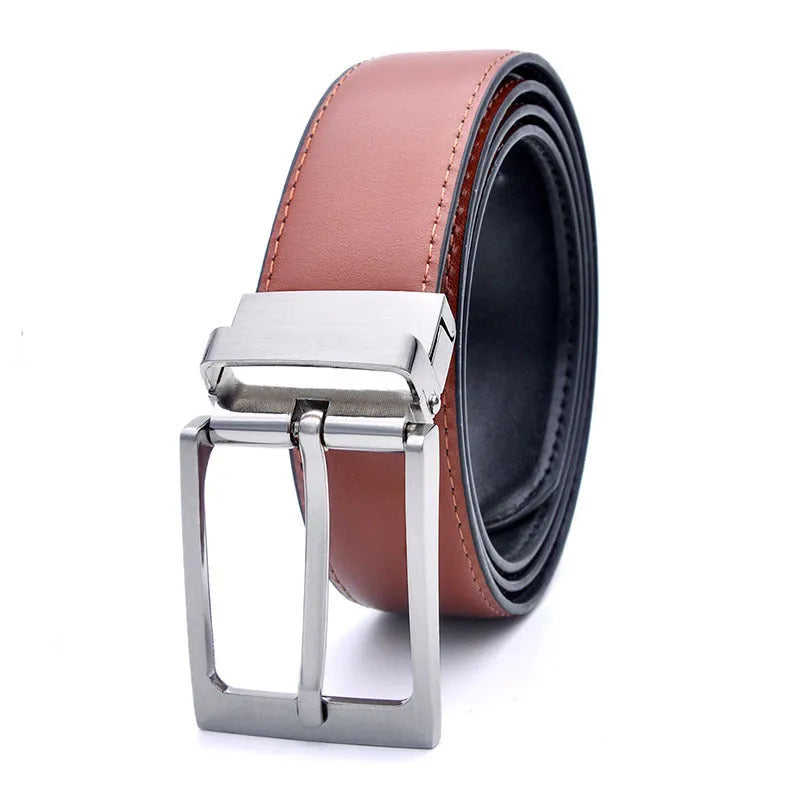Men's brown black rotating pin buckle belt made from genuine two-layer cowhide leather