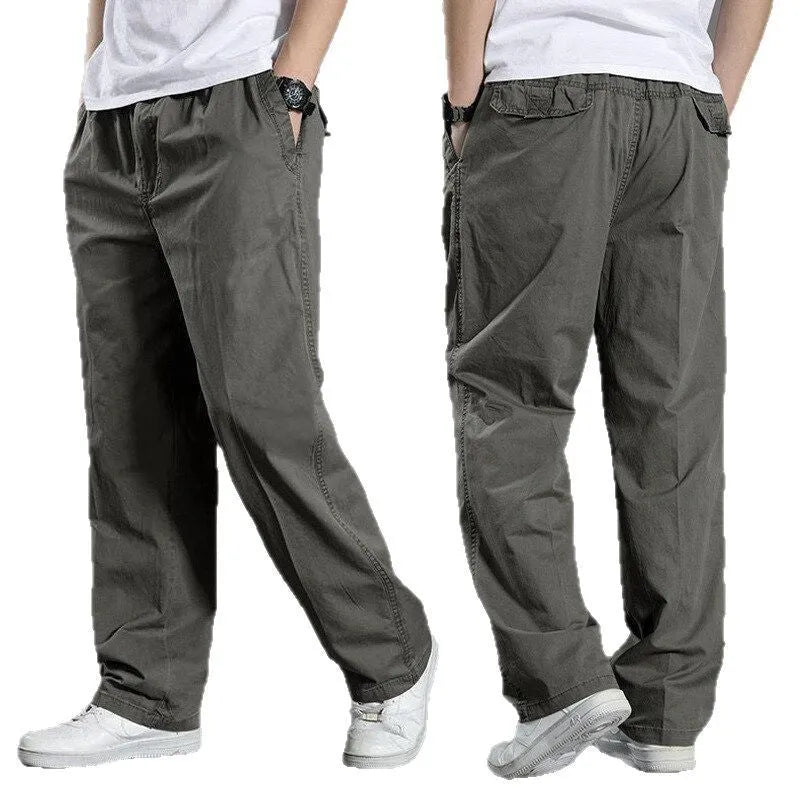 Men's cotton loose straight trousers zip placket workwear style, black colour, on model