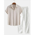 Men's casual loose fit polyester linen shirt and trousers suit in multiple colour options