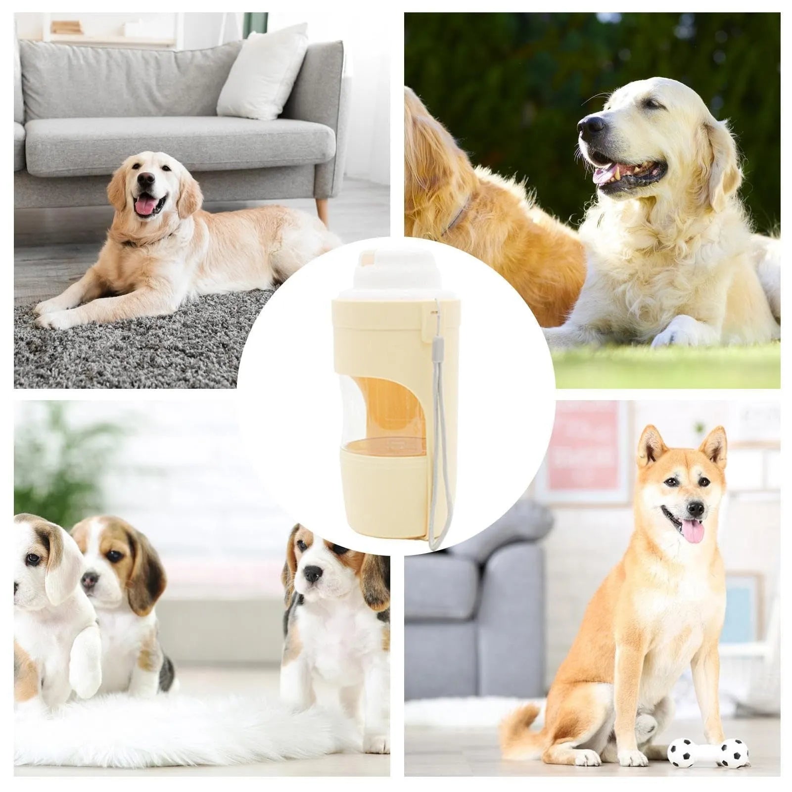 Grey 2-in-1 travel dog water bottle and feeder with lanyard, showing water and food compartments
